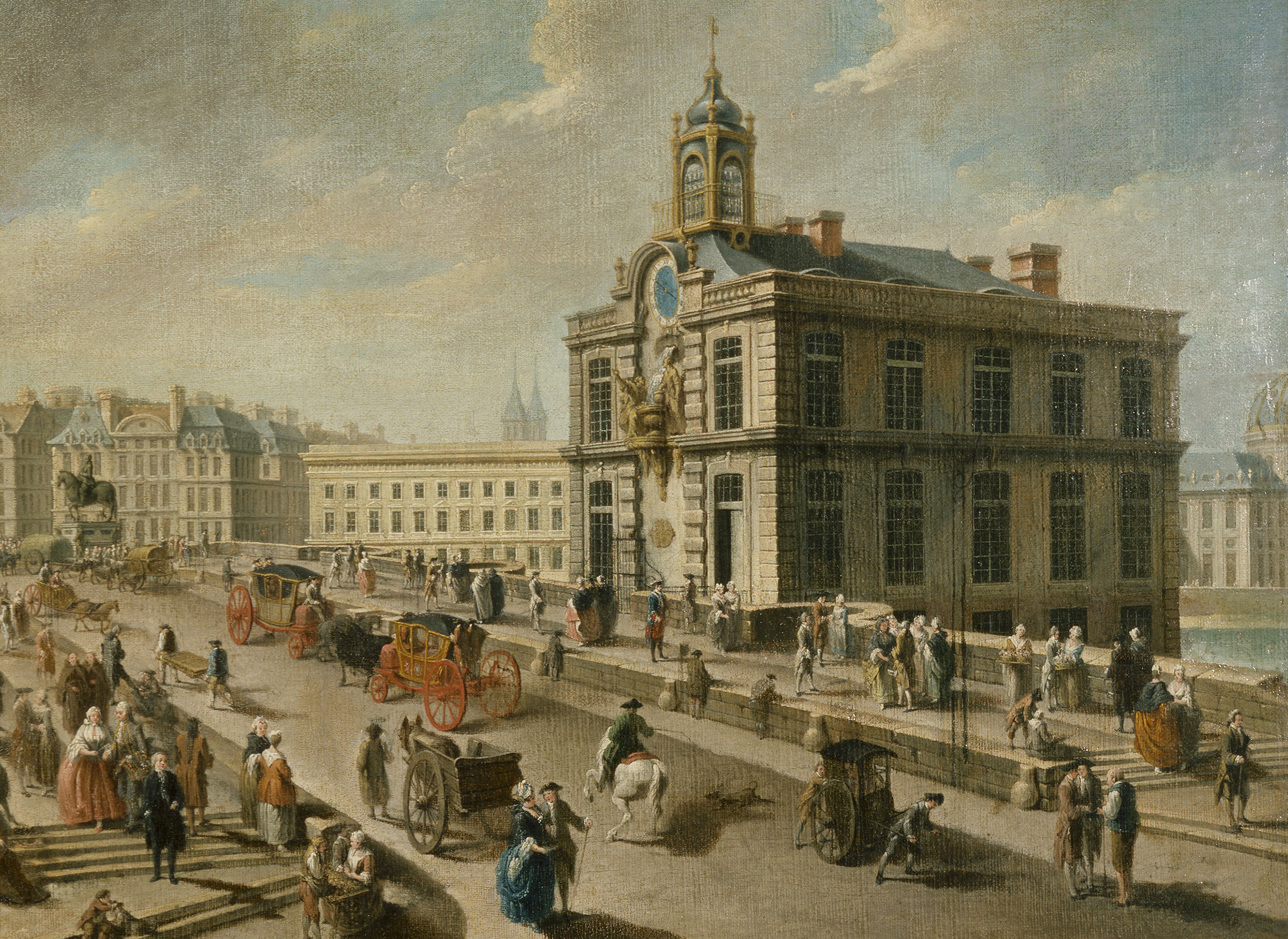 Nicolas-Jean-Baptiste Raguenet (1715-1793). "Le Pont-Neuf et la pompe de la Samaritaine, vus du quai de la MÈgisserie, 1777". Huile sur toile. Paris, musÈe Carnavalet.