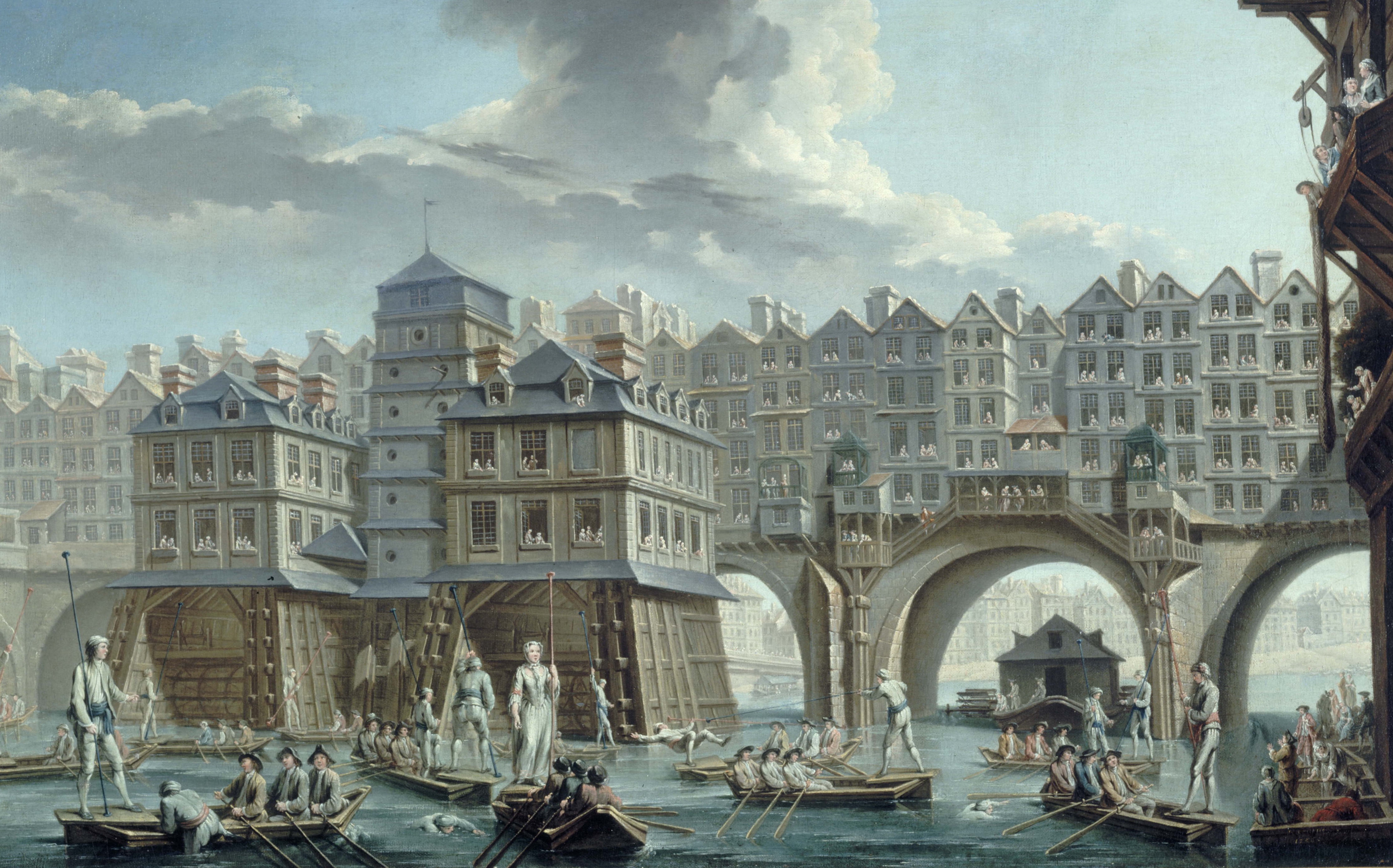 Nicolas et Jean-Baptiste Raguenet (actifs au XVIIIËme siËcle). "La joute des mariniers entre le pont Notre-Dame et le pont au Change", 1756. Huile sur toile. Paris, musÈe Carnavalet.